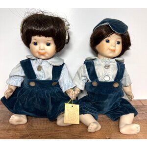 2 Brinn's Collectible Porcelain Doll In Blue Velvet Overalls String Joints